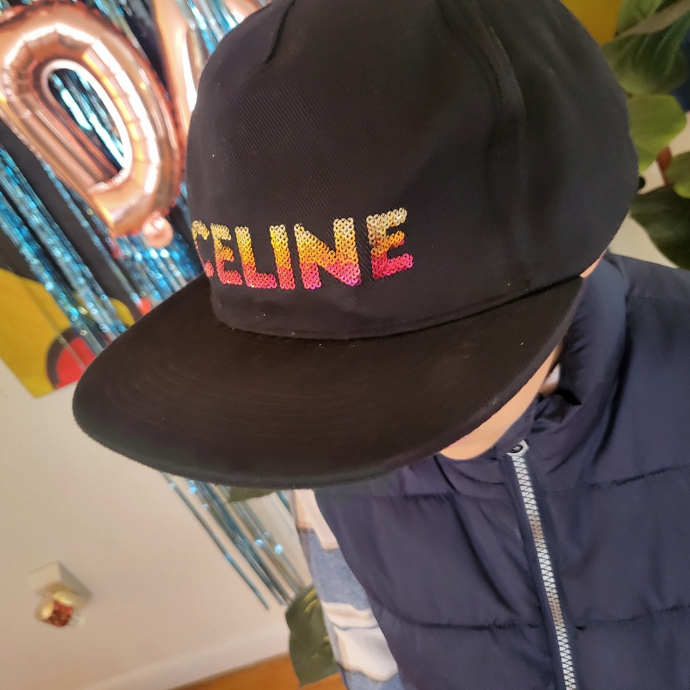 Celine Black Baseball Cap with Rainbow Sequin Logo